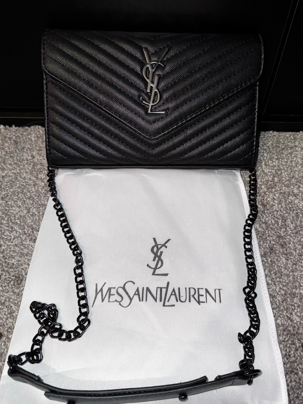 Saint Laurent Black Chevron Quilted Leather Chain Wallet